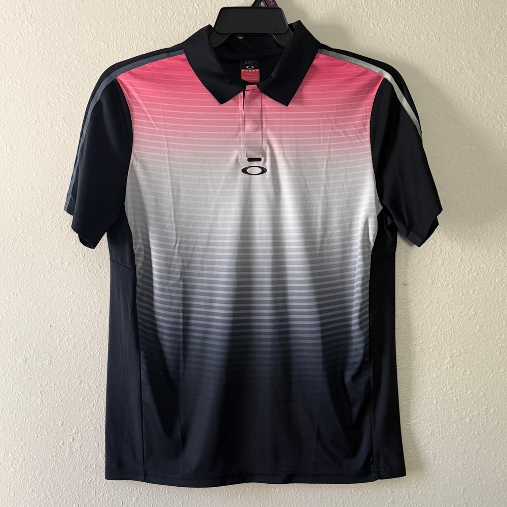 Oakley Bubba Watson Golf Polo Shirt Mens Medium Pink Black Ombre Stripe RN96548